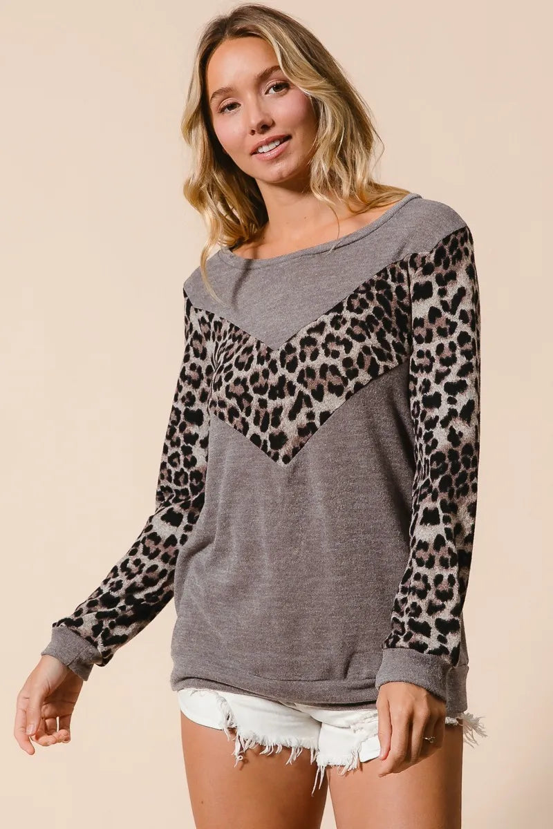 Leopard Panel Knit Pullover with V-Shape Design
