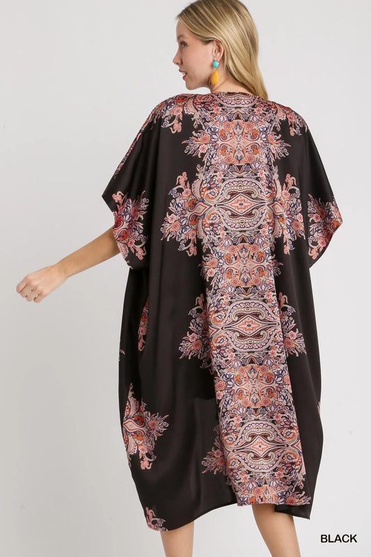 Paisley Floral Print Open Front Short Sleeve Kimono