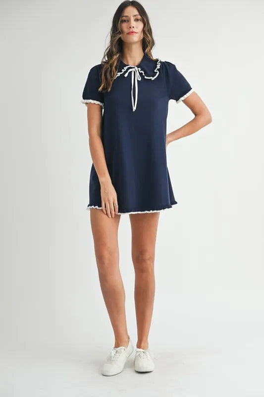 Ruffle Trimmed Collar Fine Knit Mini Dress