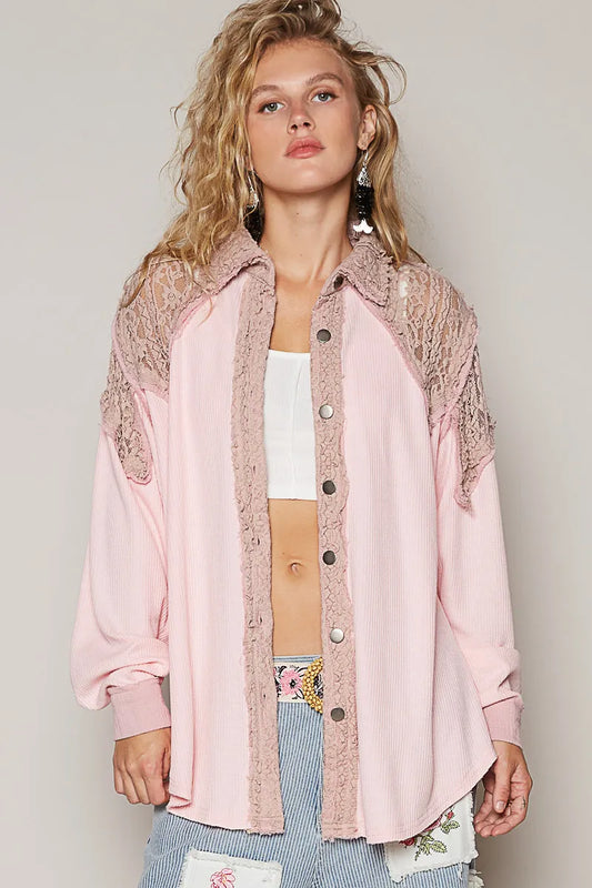Lace Trim Button-Up Oversized Jacket