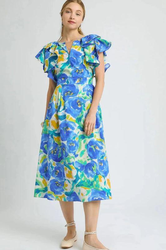 Botanical Ruffle Sleeve V-Neck Midi Dress