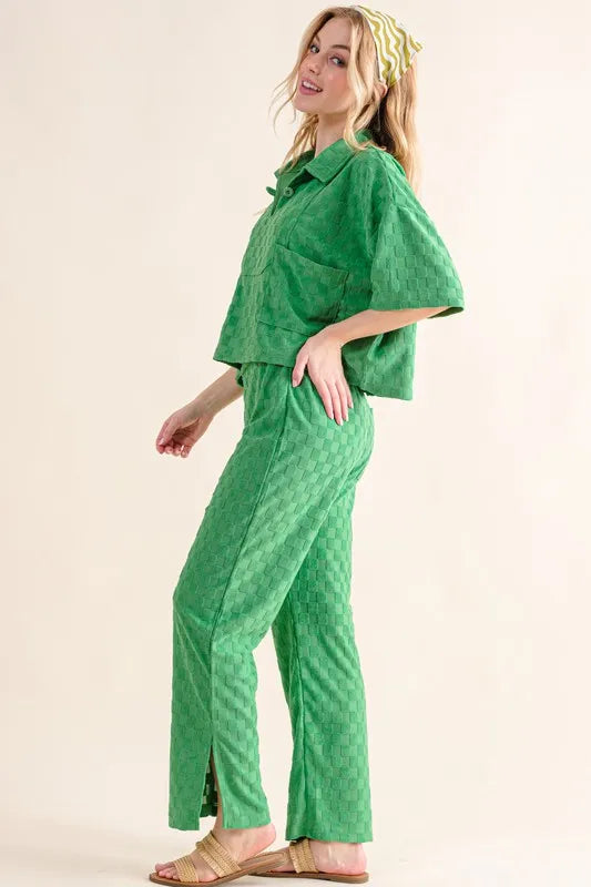 Brushed Texture Checker Board Pattern Casual Pants