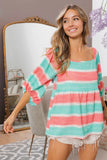 Stripe Printed Bubble Woven Balloon Sleeves Top