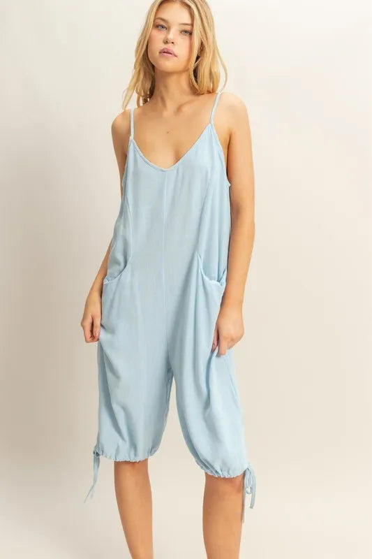 V-Neck Pocket Detail Side Tie Hem Romper
