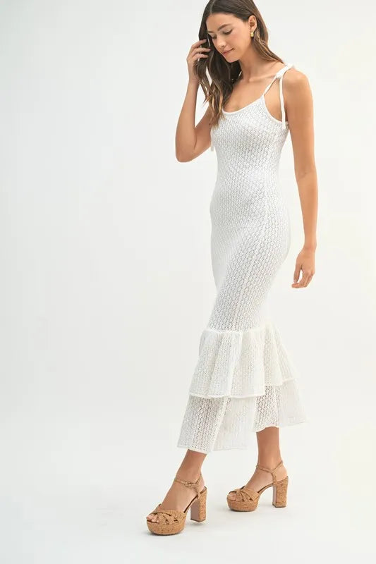 Sleeveless Shoulder Tie Rose Knit Midi Dress