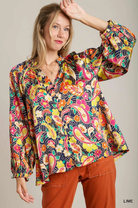 Full Size Satin Paisley Balloon Sleeve Button-Down Blouse