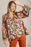 Full Size Satin Paisley Balloon Sleeve Button-Down Blouse