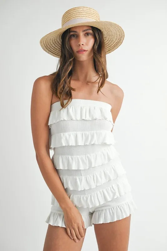 Pointelle Knit Fabric Ruffled Tube Romper