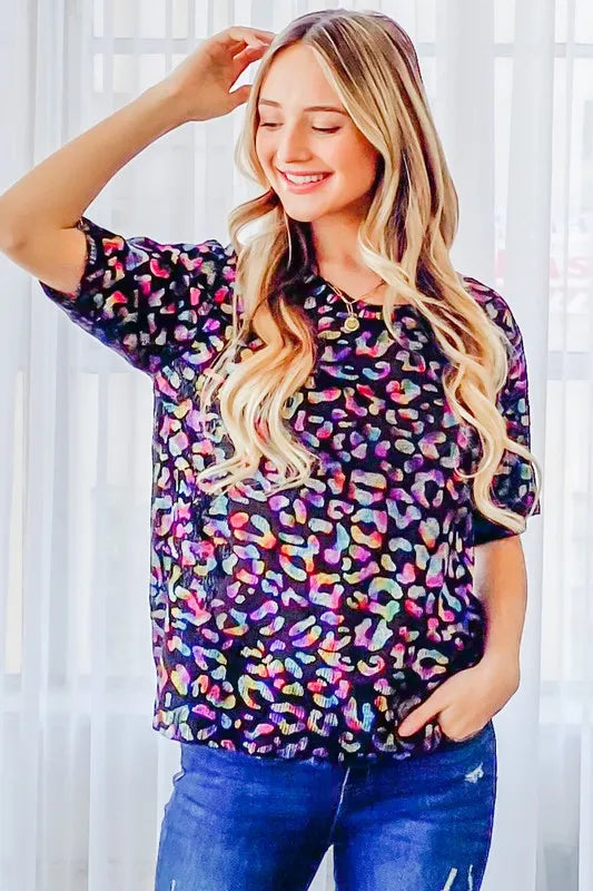 Leopard Foil Printed Half Sleeve Summer Sweater