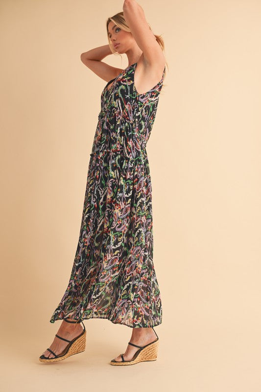 Printed V-Neck Frill Tiered Cami Dress