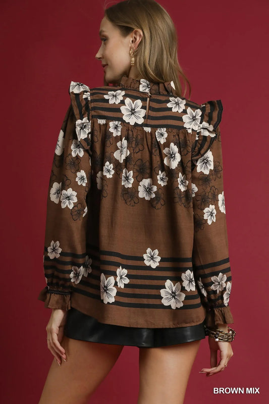 Smocked Ruffle Floral Mix Full Size Blouse