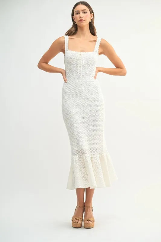 Ruffled Hem Sleeveless Crochet Knit Midi Dress