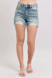 High Rise Washed Fly Stitch Detail and Destroy Denim Shorts