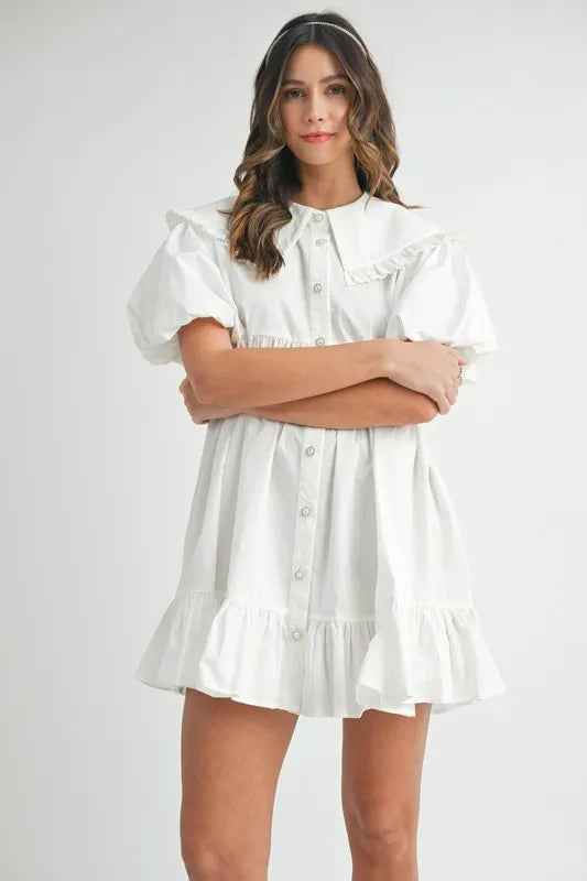 Ruffled Hem Peter Pan Collar Button Down Mini Dress