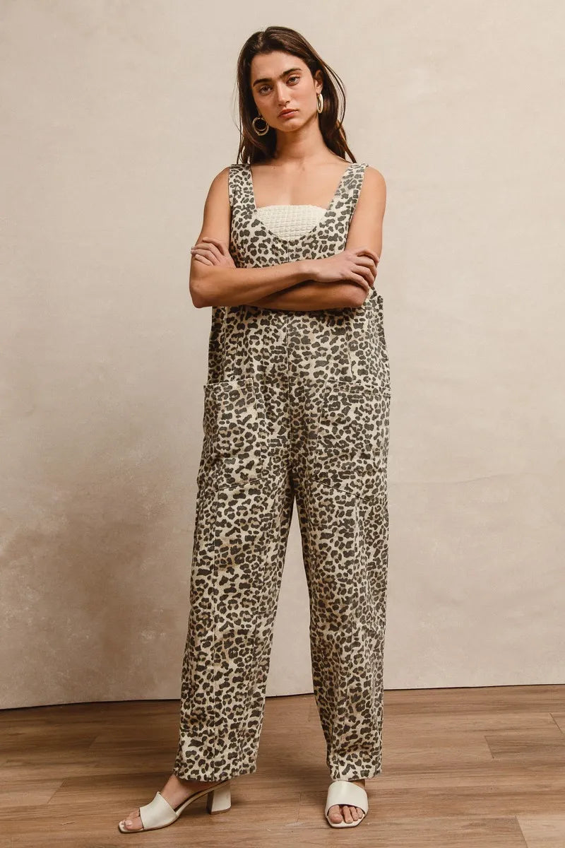 Leopard Print Adjustable Strap U Neck Jumpsuit