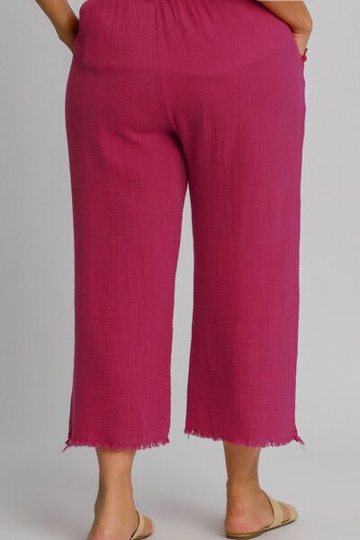 Full Size Raw Hem Elastic Waist Wide Leg Pants Plus Size