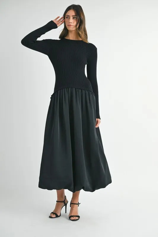 Ribbed Poplin Mix Midi Sweater Dress