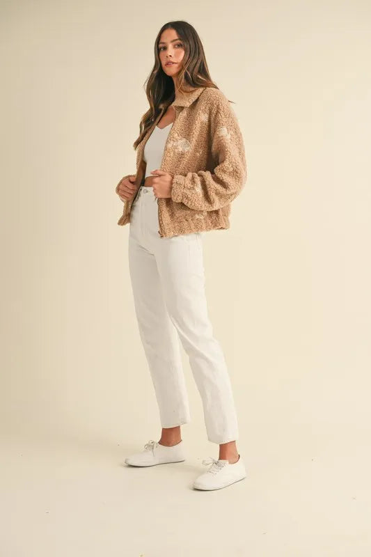 Floral Embroidered Fleece Teddy Jacket