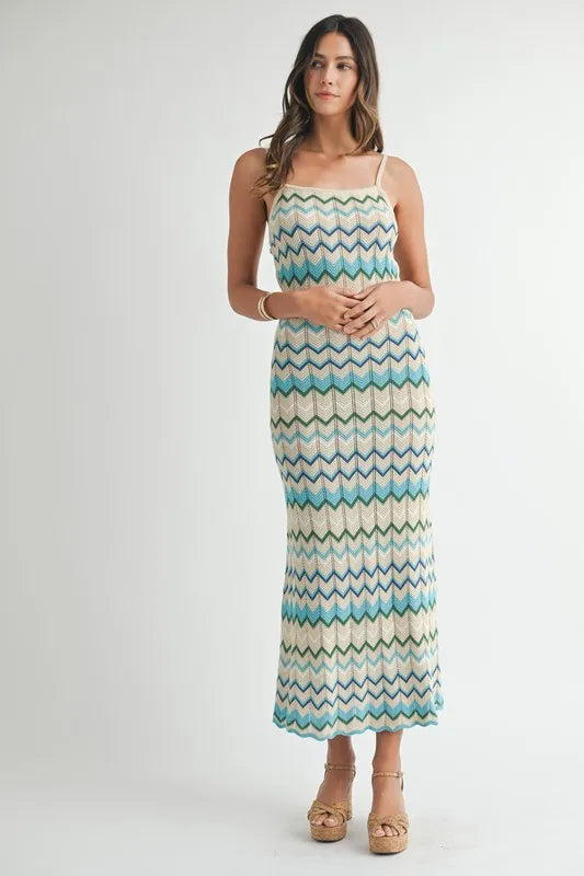 Lightweight Pointelle Chevron Knit Maxi Dress