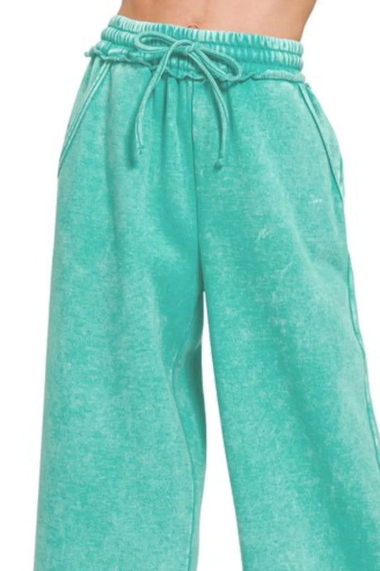 Acid Wash Fleece Palazzo Sweatpants with Pockets