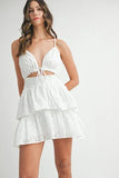 Lace Eyelet Ruffle Mini Dress With Front Cutout