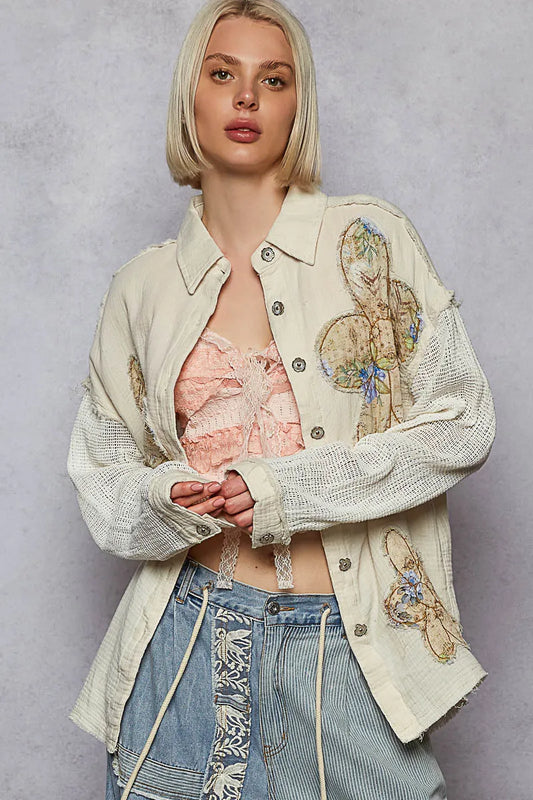 Crochet Sleeve Floral Patch Shirt with Exposed Seams