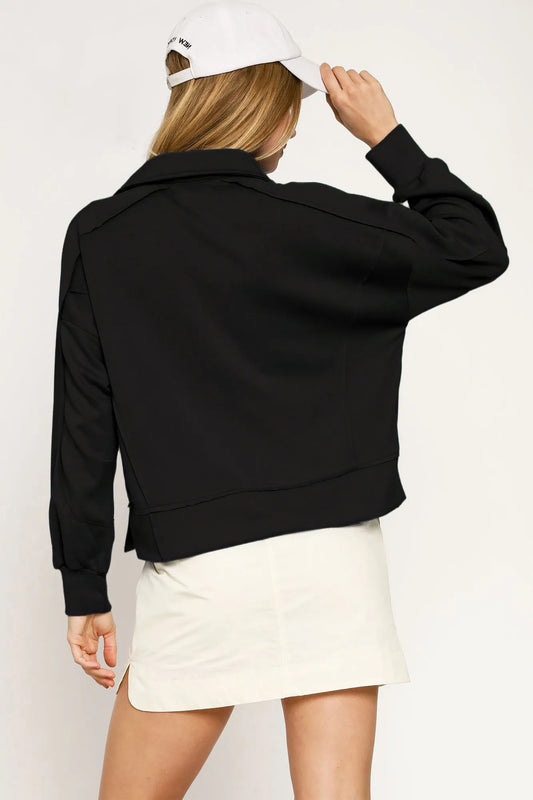 Raw Hem Long Sleeve Collared Top for Chic Style