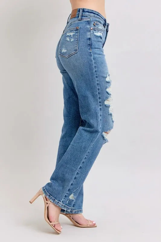 Full Size High Waist Heavy Destroy Straight Jeans Plus Size