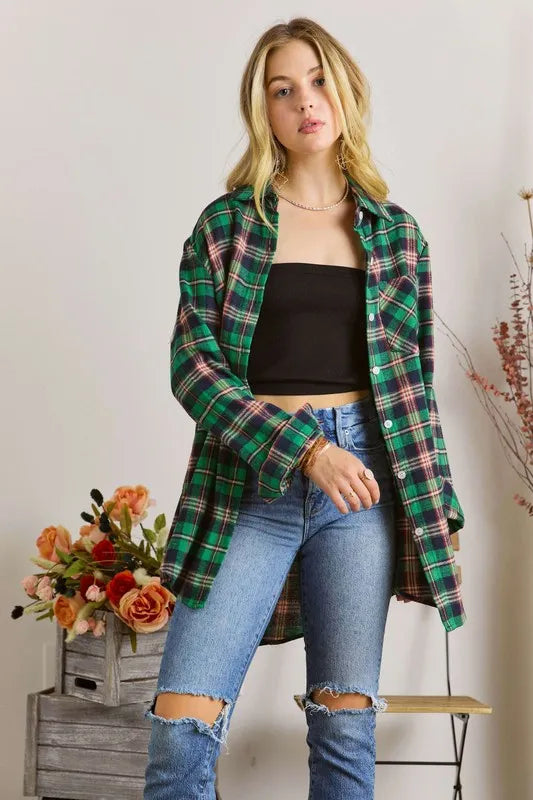 Full Size Button Down Classic Plaid Shirt W Roll Up Sleeve Plus Size