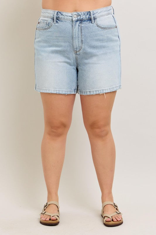 Full Size Frayed Hem High Rise Denim Shorts with Pockets Plus Size