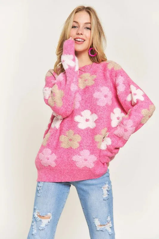 Full Size Floral Popped 2-Tone Sweater Top Plus Size