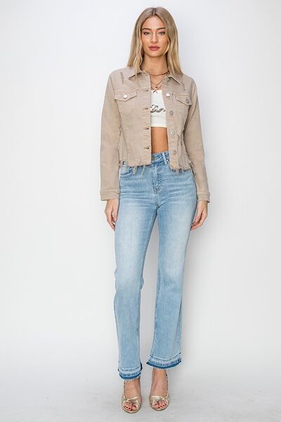 Full Size Raw Hem Button Up Cropped Denim Jacket Plus Size