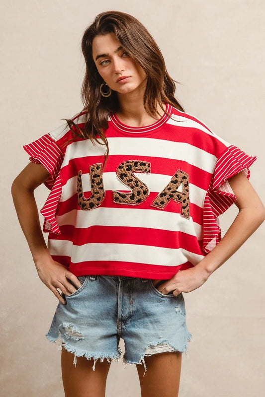 Ruffled Sleeve Blouse with Leopard Graphic and Stripes