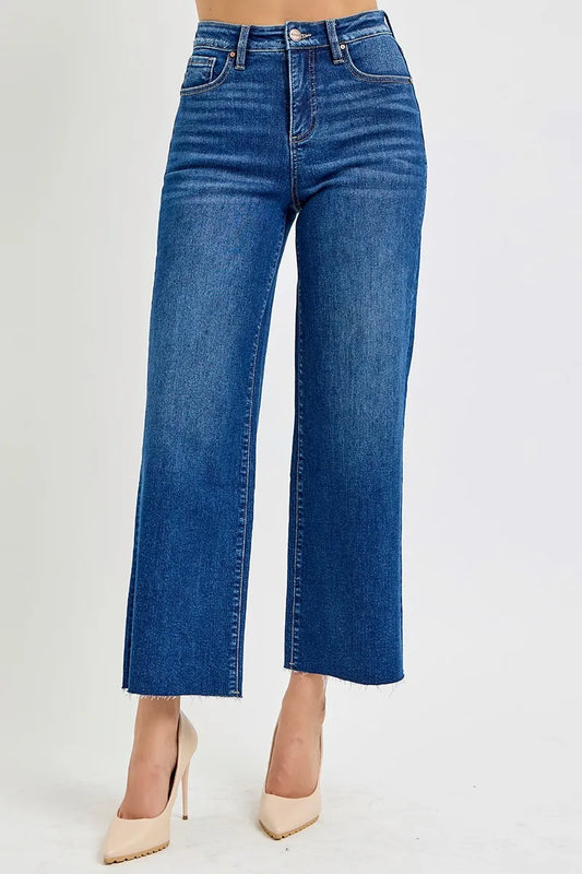 Full Size High Rise Tummy Control Wide Crop Jeans