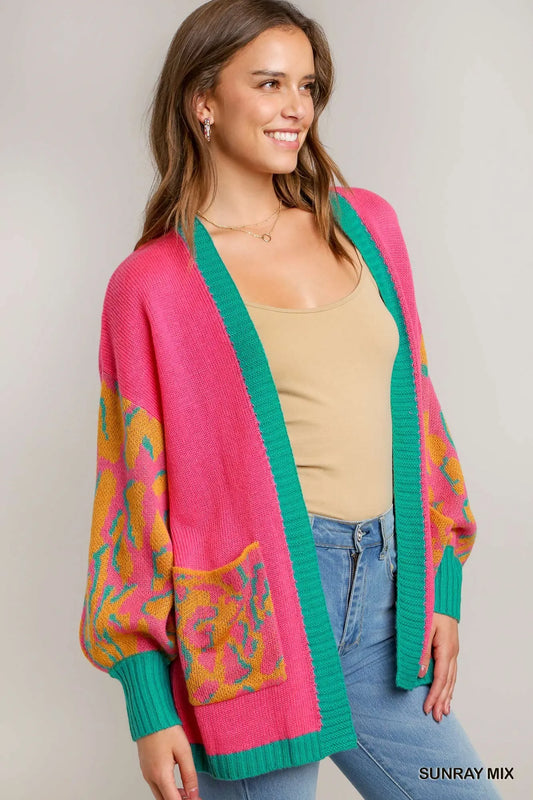 Wild Pattern Open Front Sweater Cardigan