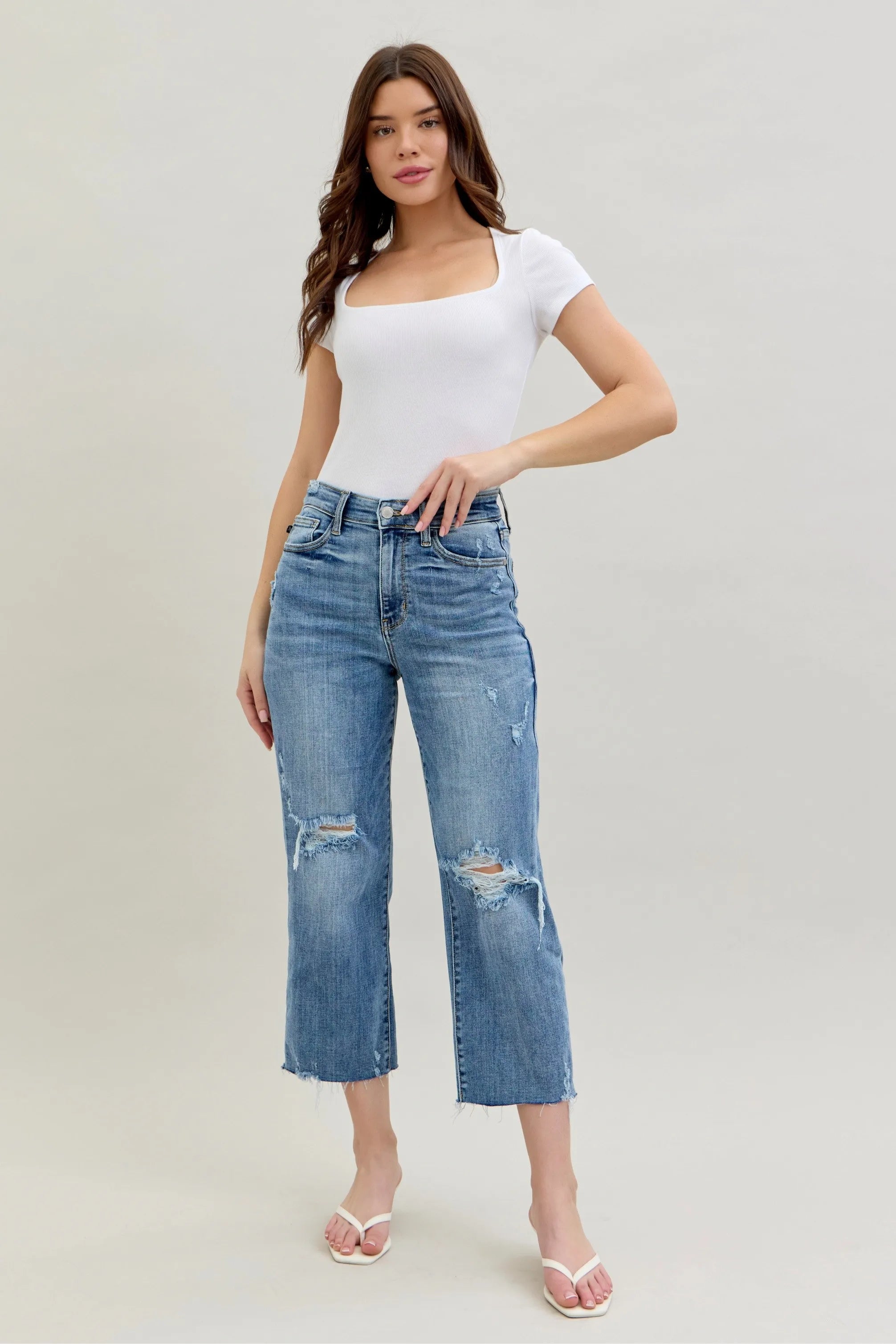 Full Size High Waist Destroy Crop Wide Leg Jeans Plus Size