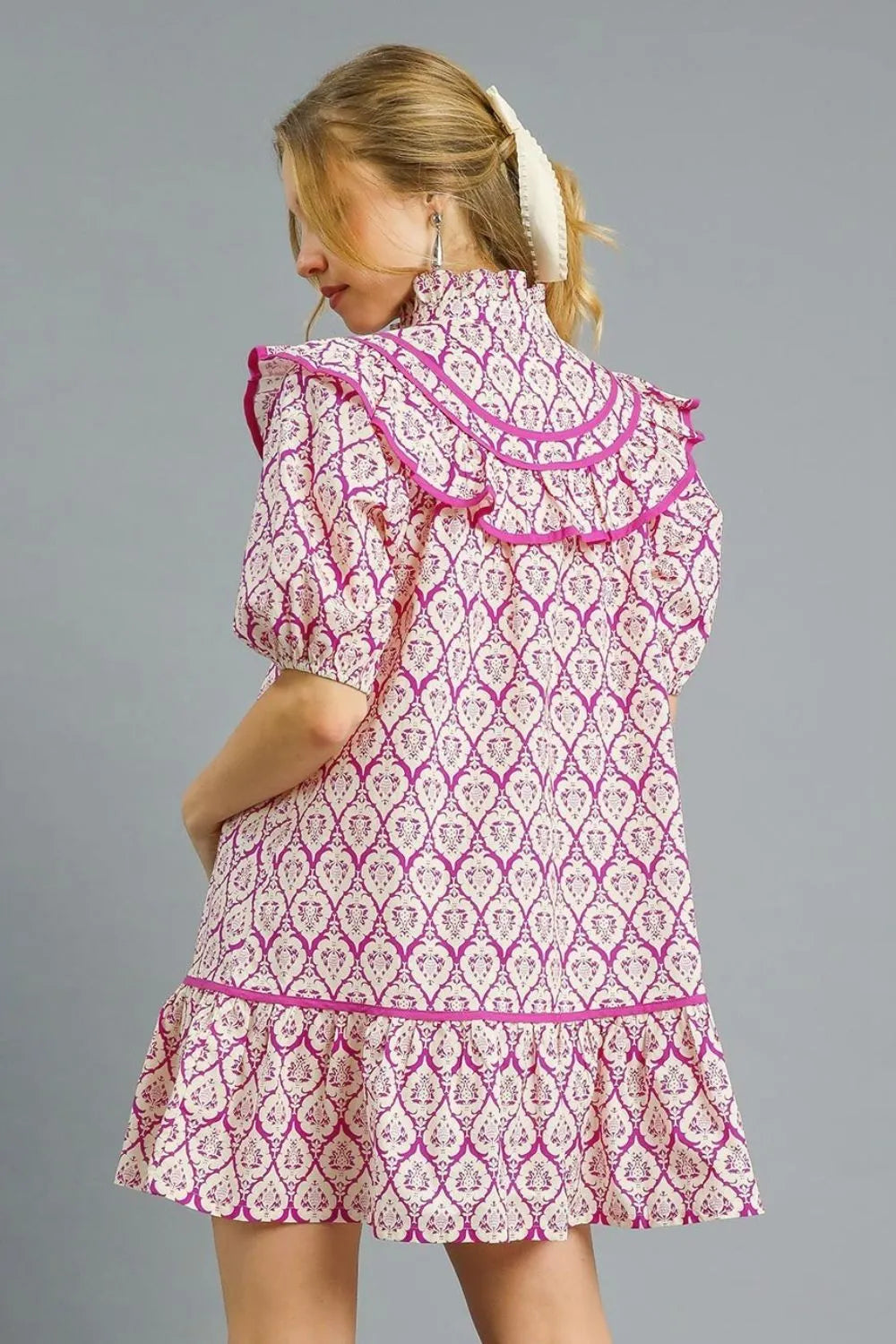 Boho Diamond Print Puff Sleeve Mini Dress