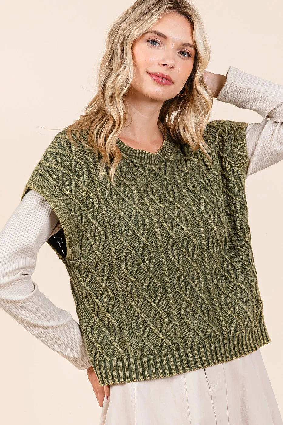 Mineral Wash Cap Sleeve Cable Knit Sweater Top