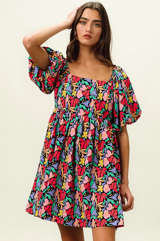 Tropical Blossom Puff Square Neck Dress