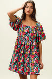 Tropical Blossom Puff Square Neck Dress
