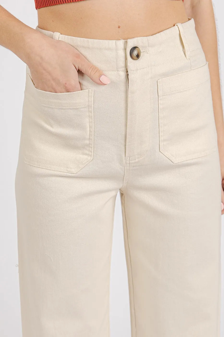Twill Patch Pocket High Rise Wide Leg Pants