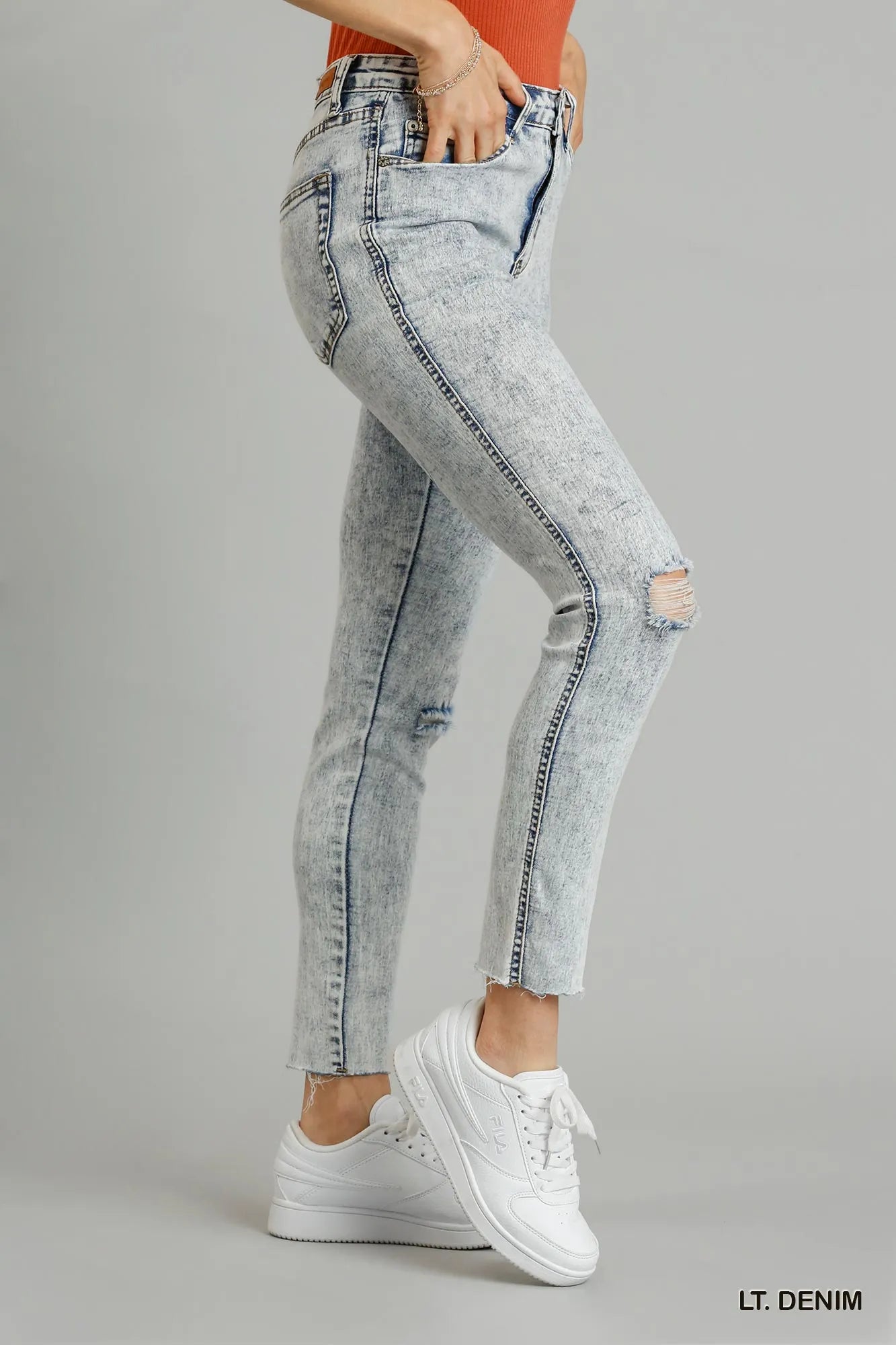 5-Pocket Stretch Denim Skinny Jeans with Raw Distressed Finish