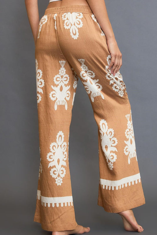 Full Size Border Print Wide Leg Pants Plus Size