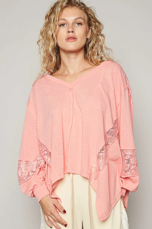 Oversized V-Neck Top with Elegant Lace Sleeves
