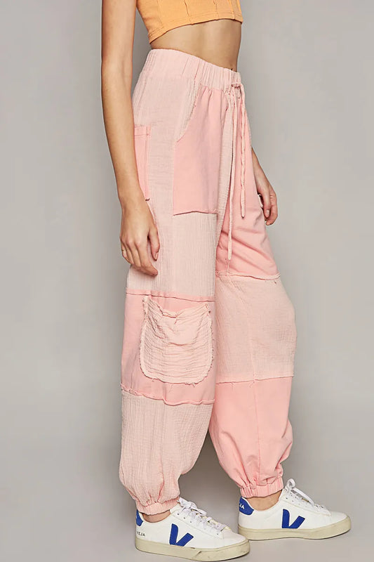 Patchwork Cargo Joggers with Drawstring Pockets