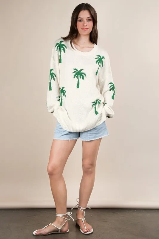 Palm Tree Graphic Oversized Knit Sweater