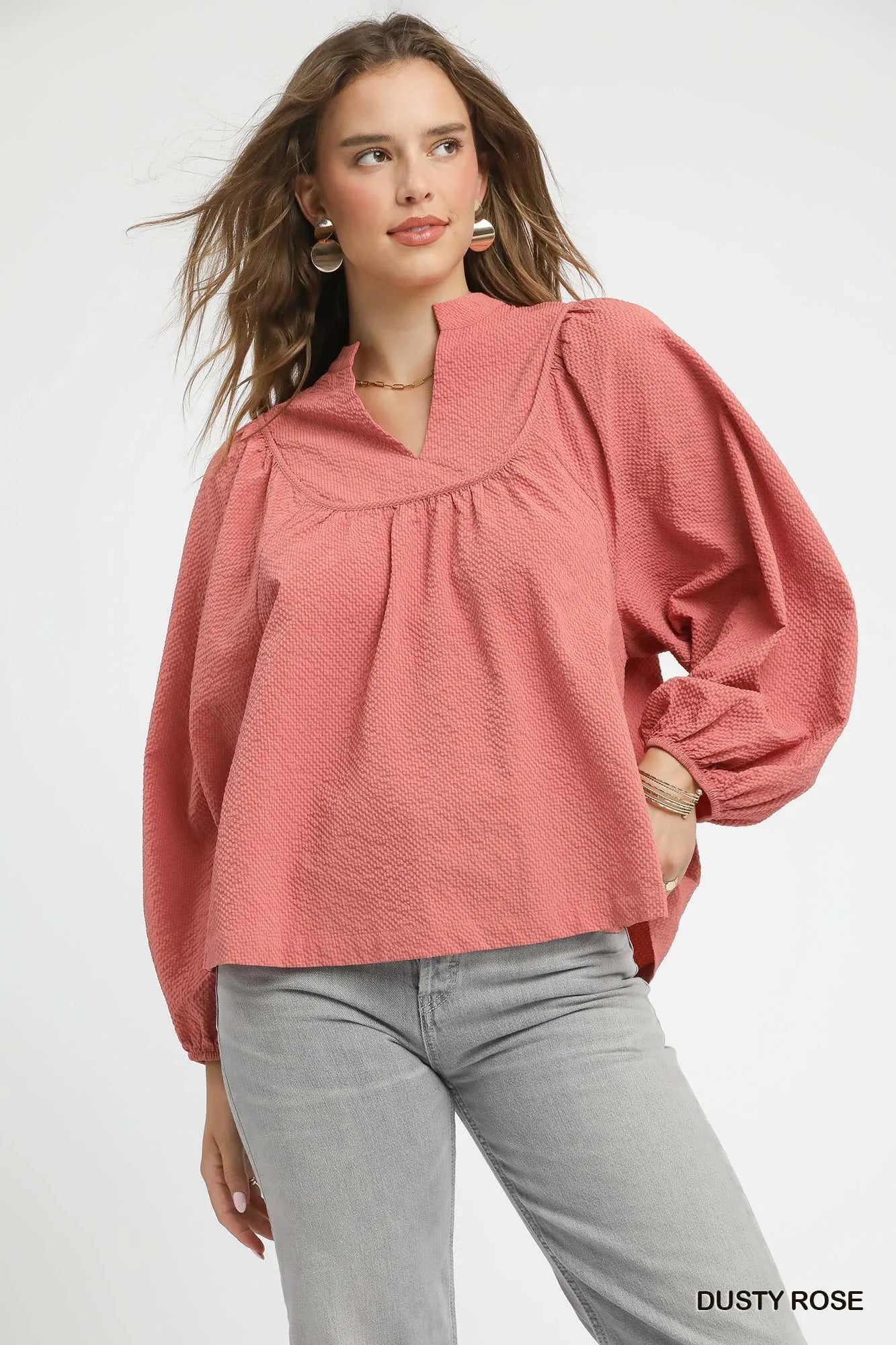 Notched Blouse with Puff Sleeves