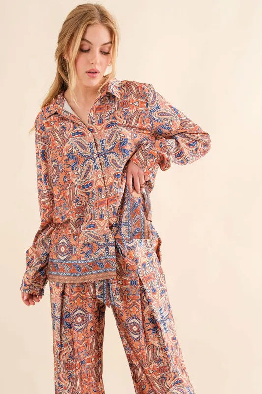 Satin Paisley Pattern Button Down Shirts