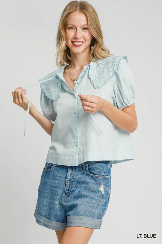 Chic Tied Collar Short Sleeve Button-Up Shirt