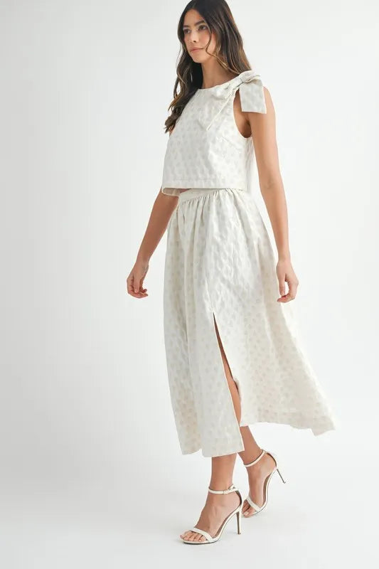 Taffeta Polka Dot Shoulder Ribbon Top and Skirt Set
